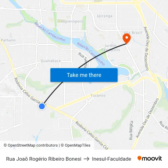 Rua Joaõ Rogério Ribeiro Bonesi to Inesul-Faculdade map