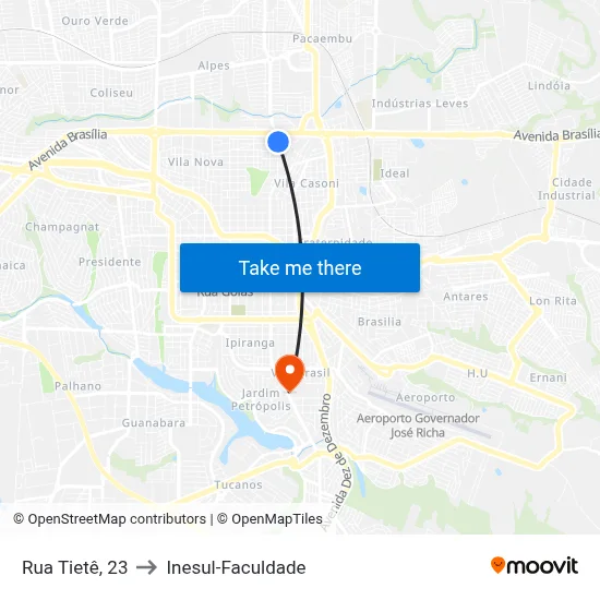 Rua Tietê, 23 to Inesul-Faculdade map