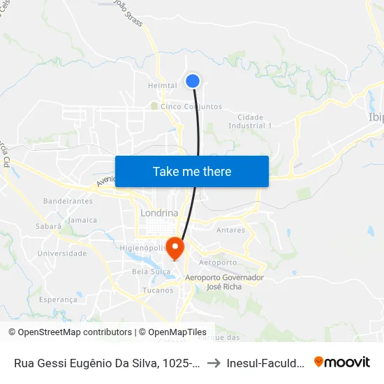 Rua Gessi Eugênio Da Silva, 1025-1075 to Inesul-Faculdade map