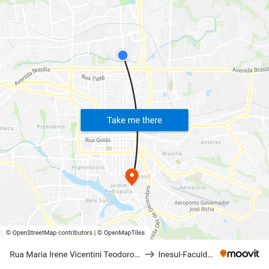 Rua Maria Irene Vicentini Teodoro, 529 to Inesul-Faculdade map