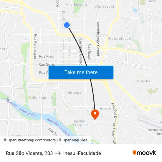 Rua São Vicente, 283 to Inesul-Faculdade map