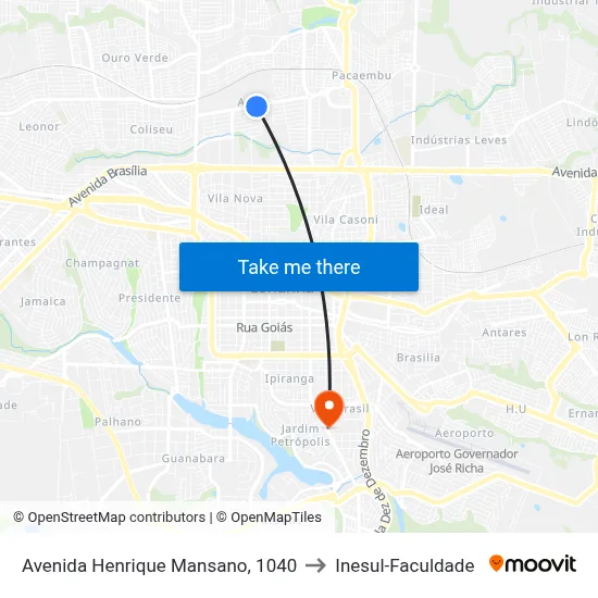 Avenida Henrique Mansano, 1040 to Inesul-Faculdade map