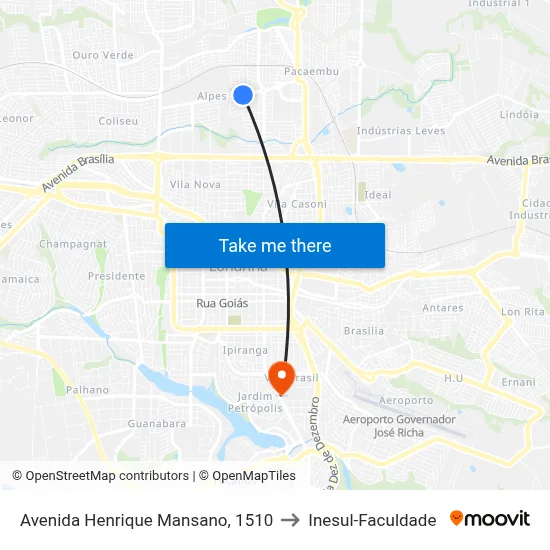 Avenida Henrique Mansano, 1510 to Inesul-Faculdade map
