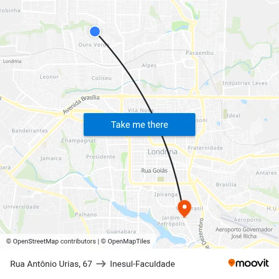 Rua Antônio Urias, 67 to Inesul-Faculdade map