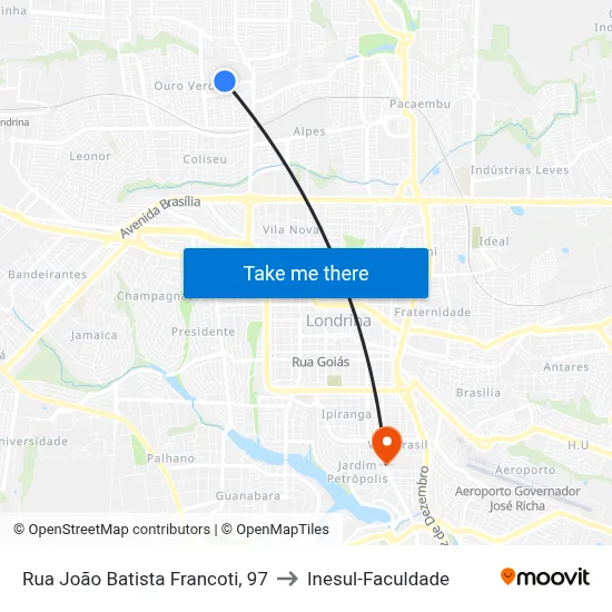 Rua João Batista Francoti, 97 to Inesul-Faculdade map
