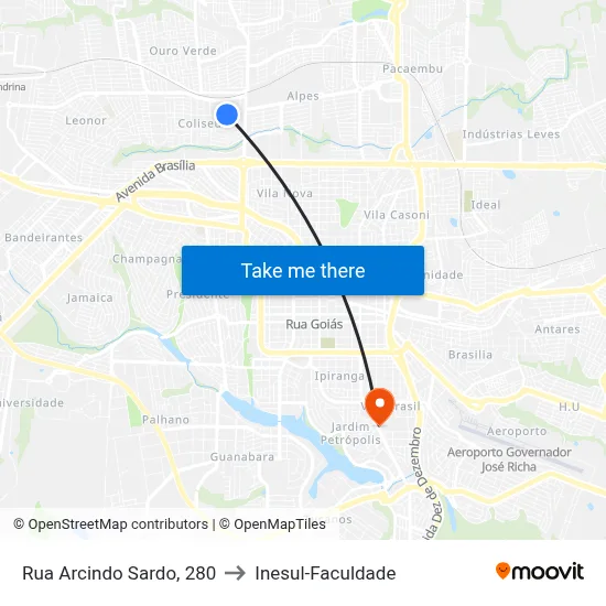 Rua Arcindo Sardo, 280 to Inesul-Faculdade map
