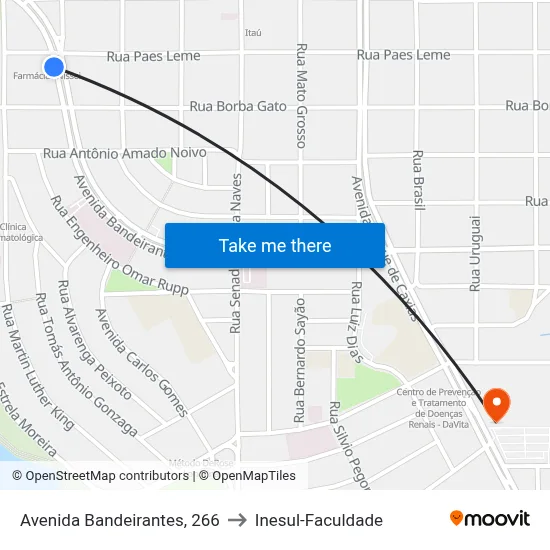 Avenida Bandeirantes, 266 to Inesul-Faculdade map