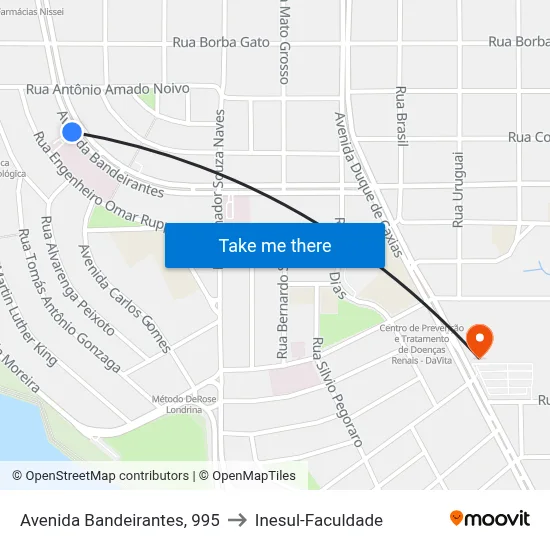 Avenida Bandeirantes, 995 to Inesul-Faculdade map