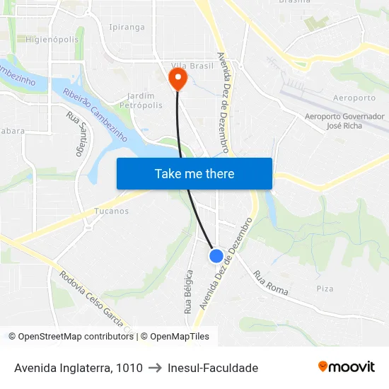 Avenida Inglaterra, 1010 to Inesul-Faculdade map