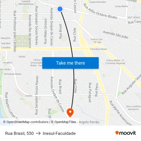Rua Brasil, 550 to Inesul-Faculdade map