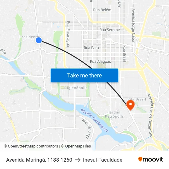 Avenida Maringá, 1188-1260 to Inesul-Faculdade map