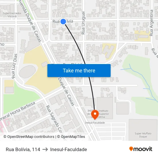 Rua Bolívia, 114 to Inesul-Faculdade map