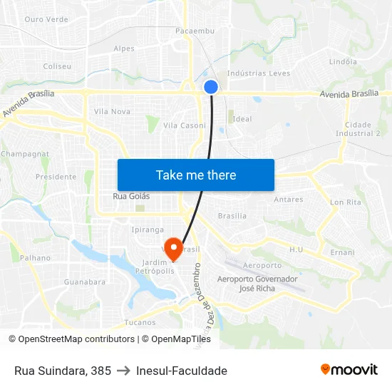 Rua Suindara, 385 to Inesul-Faculdade map
