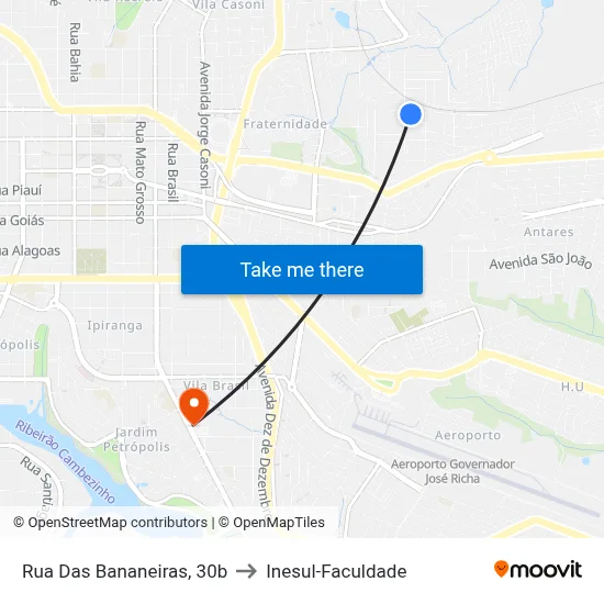 Rua Das Bananeiras, 30b to Inesul-Faculdade map