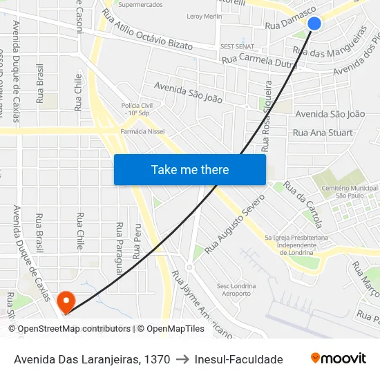 Avenida Das Laranjeiras, 1370 to Inesul-Faculdade map