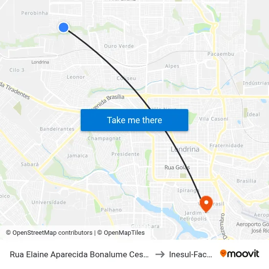 Rua Elaine Aparecida Bonalume Cesário Pereira, 97 to Inesul-Faculdade map