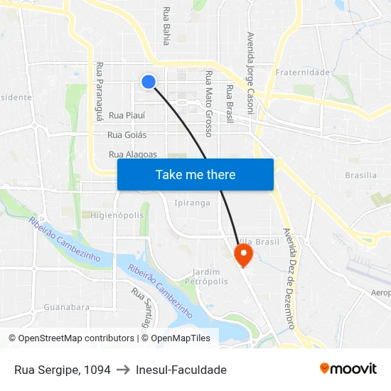 Rua Sergipe, 1094 to Inesul-Faculdade map