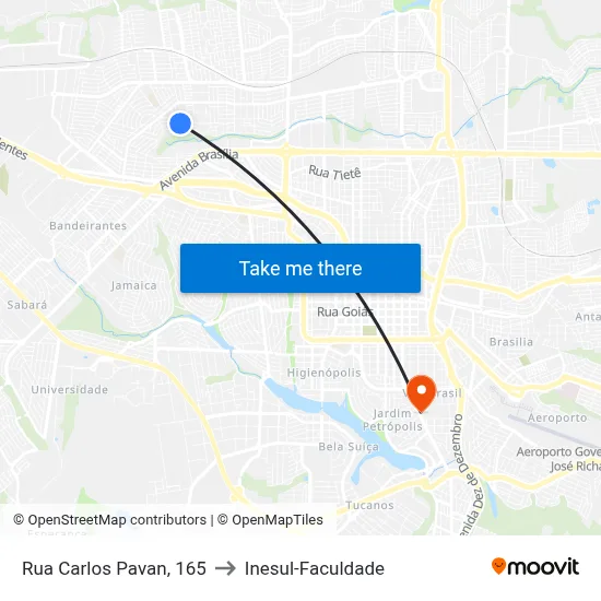 Rua Carlos Pavan, 165 to Inesul-Faculdade map