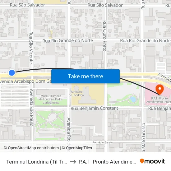 Terminal Londrina (Til Transportes) to P.A.I - Pronto Atendimento Infantil map