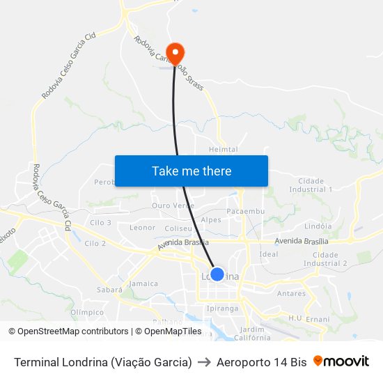 Terminal Londrina (Viação Garcia) to Aeroporto 14 Bis map