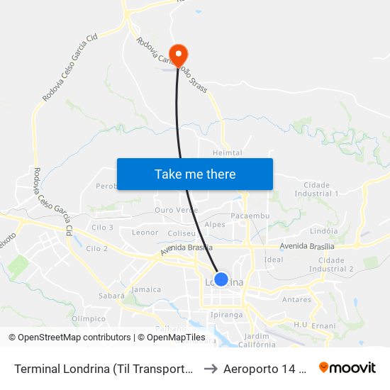 Terminal Londrina (Til Transportes) to Aeroporto 14 Bis map