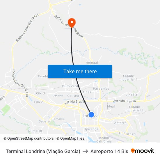 Terminal Londrina  (Viação Garcia) to Aeroporto 14 Bis map