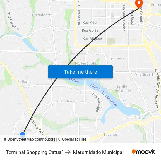Terminal Shopping Catuaí to Maternidade Municipal map