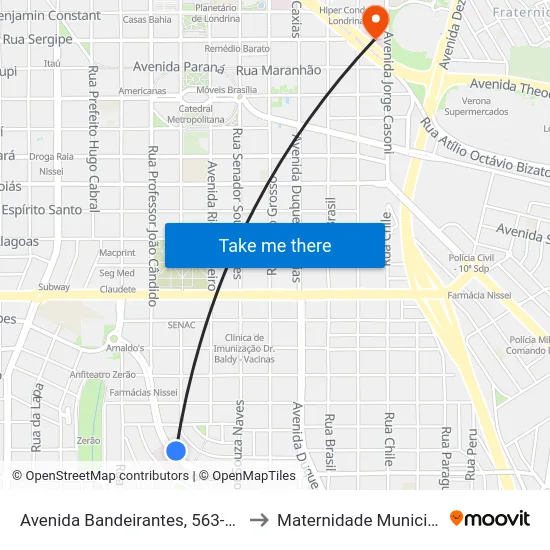 Avenida Bandeirantes, 563-593 to Maternidade Municipal map