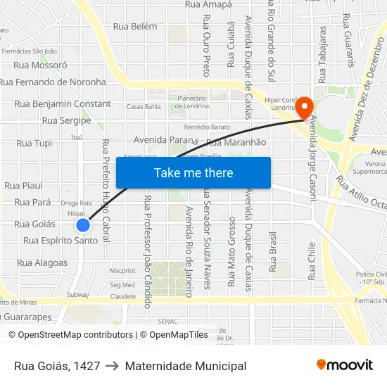 Rua Goiás, 1427 to Maternidade Municipal map