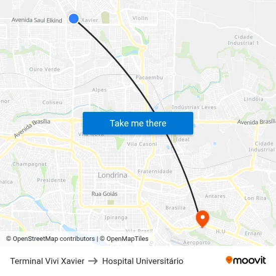 Terminal Vivi Xavier to Hospital Universitário map