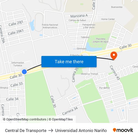 Central De Transporte to Universidad Antonio Nariño map