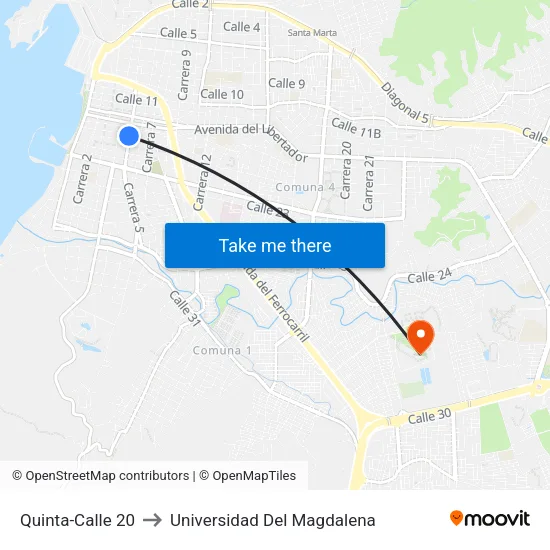 Quinta-Calle 20 to Universidad Del Magdalena map