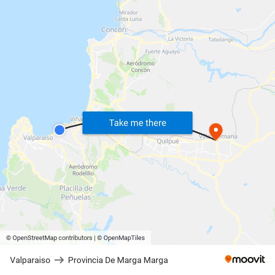 Valparaiso to Provincia De Marga Marga map