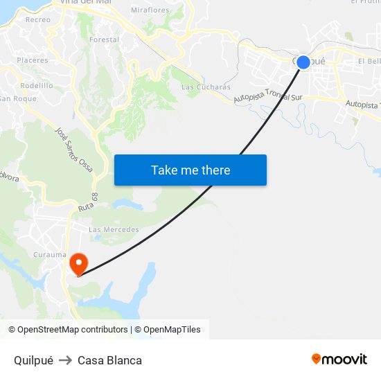 Quilpué to Casa Blanca map