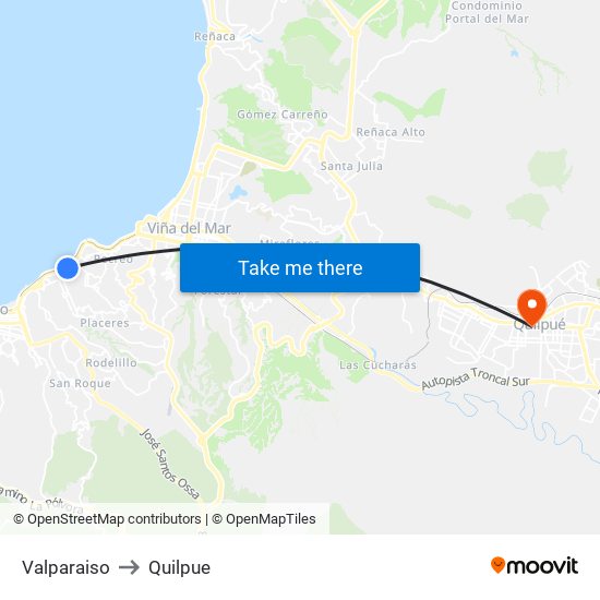 Valparaiso to Quilpue map