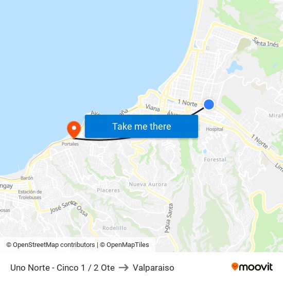 Uno Norte - Cinco 1 / 2 Ote to Valparaiso map