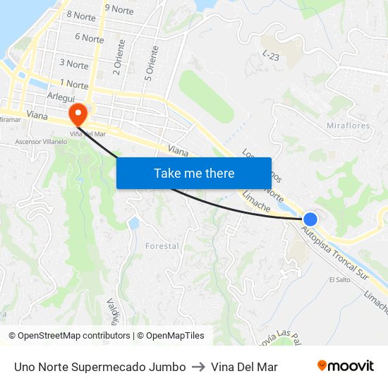 Uno Norte Supermecado Jumbo to Vina Del Mar map