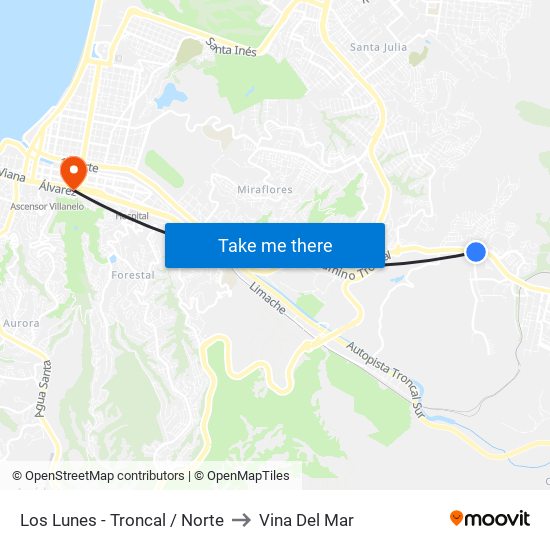 Los Lunes - Troncal / Norte to Vina Del Mar map