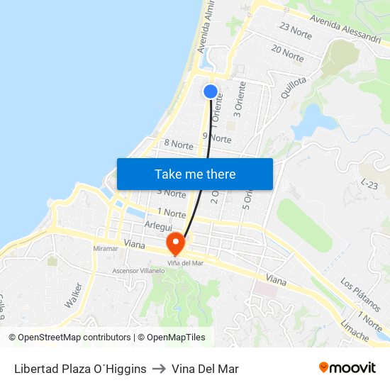 Libertad Plaza O´Higgins to Vina Del Mar map