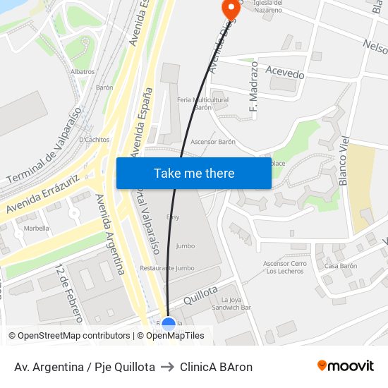 Av. Argentina / Pje Quillota to ClinicA BAron map