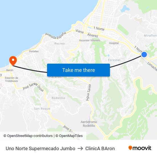 Uno Norte Supermecado Jumbo to ClinicA BAron map