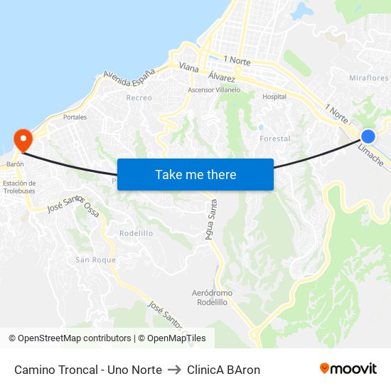 Camino Troncal - Uno Norte to ClinicA BAron map
