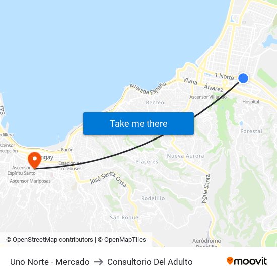 Uno Norte - Mercado to Consultorio Del Adulto map