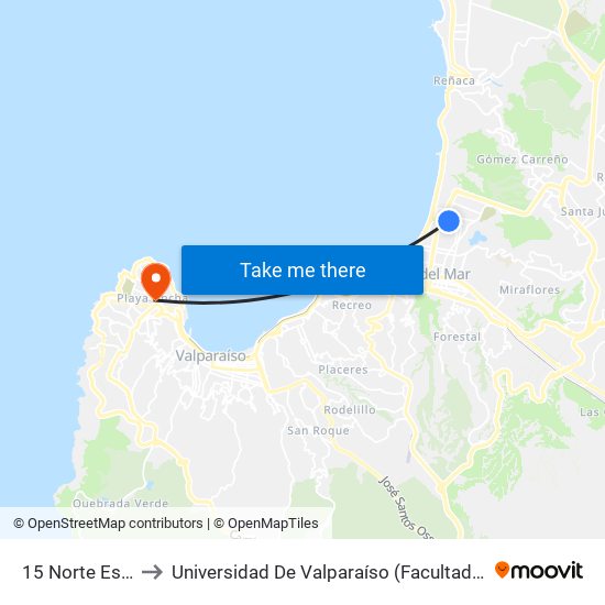 15 Norte Espacio Urbano to Universidad De Valparaíso (Facultad De Ciencias - Ingeniería Ambiental) map
