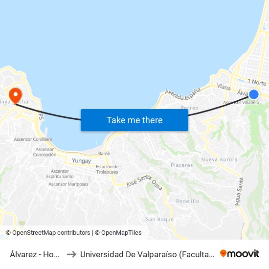 Álvarez - Hospital Clinico Ist to Universidad De Valparaíso (Facultad De Ciencias - Ingeniería Ambiental) map