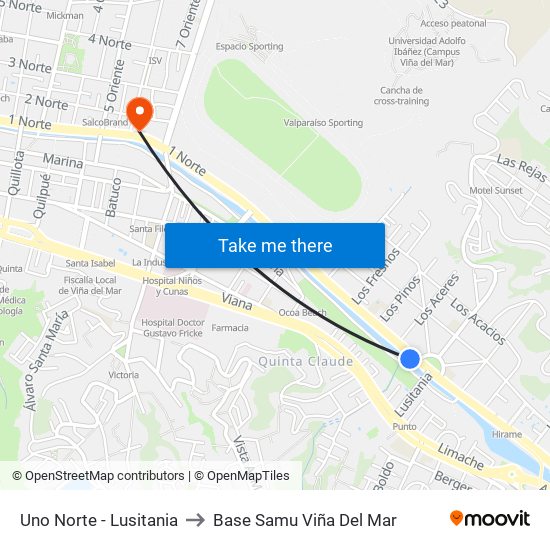 Uno Norte - Lusitania to Base Samu Viña Del Mar map