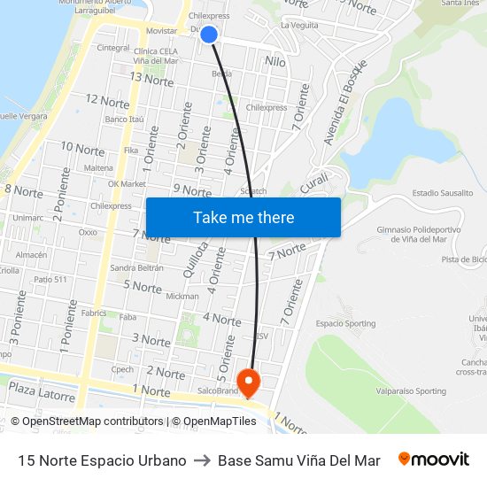 15 Norte Espacio Urbano to Base Samu Viña Del Mar map