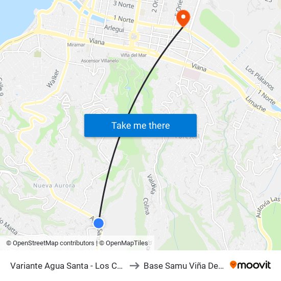 Variante Agua Santa - Los Canelos to Base Samu Viña Del Mar map