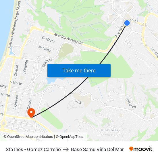 Sta Ines - Gomez Carreño to Base Samu Viña Del Mar map