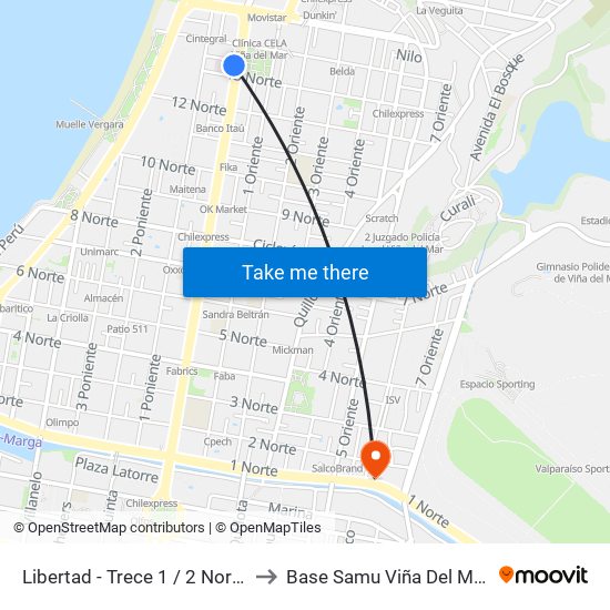 Libertad - Trece 1 / 2 Norte to Base Samu Viña Del Mar map
